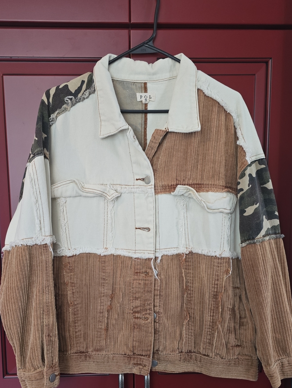 POL Mixed-Media Patchwork Jean Jacket - Brown, Cream & Green Camo